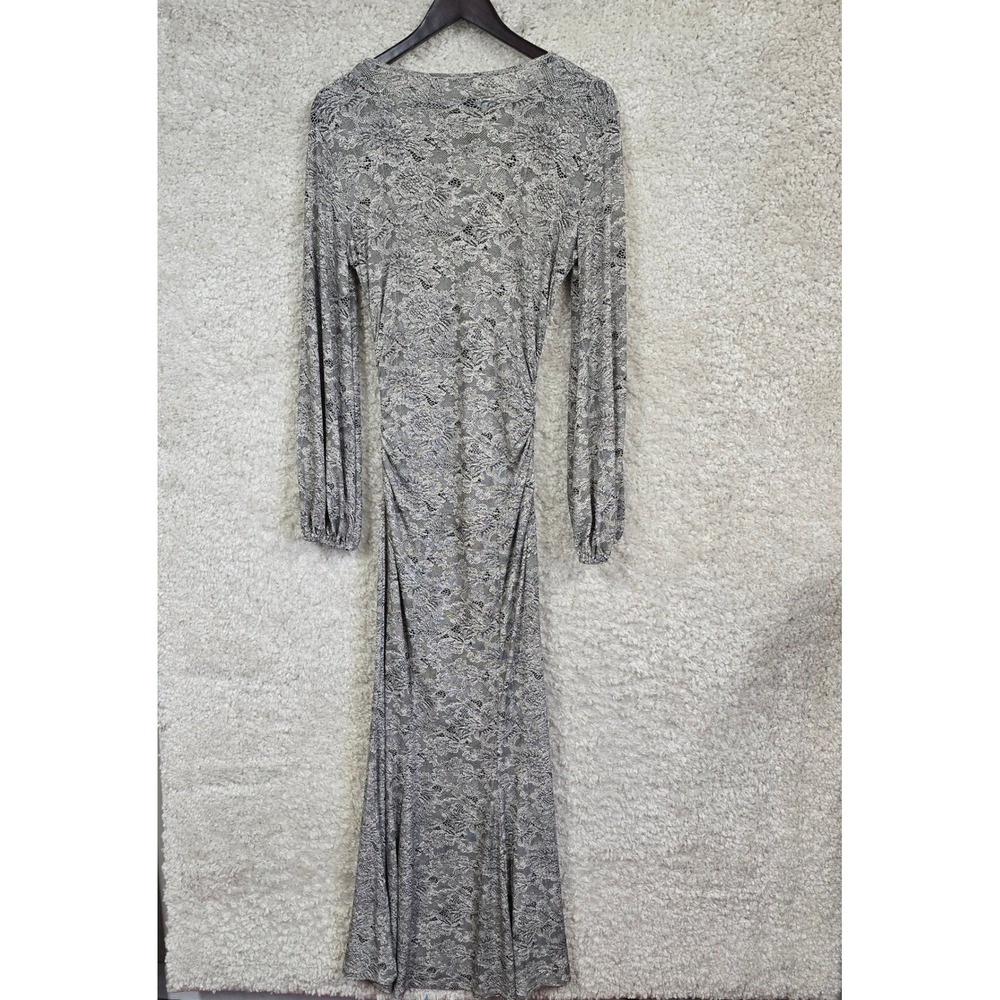 Newport News Floral Print Maxi Dress Womens S Grey Ruched Bishop Sleeve Romantic
